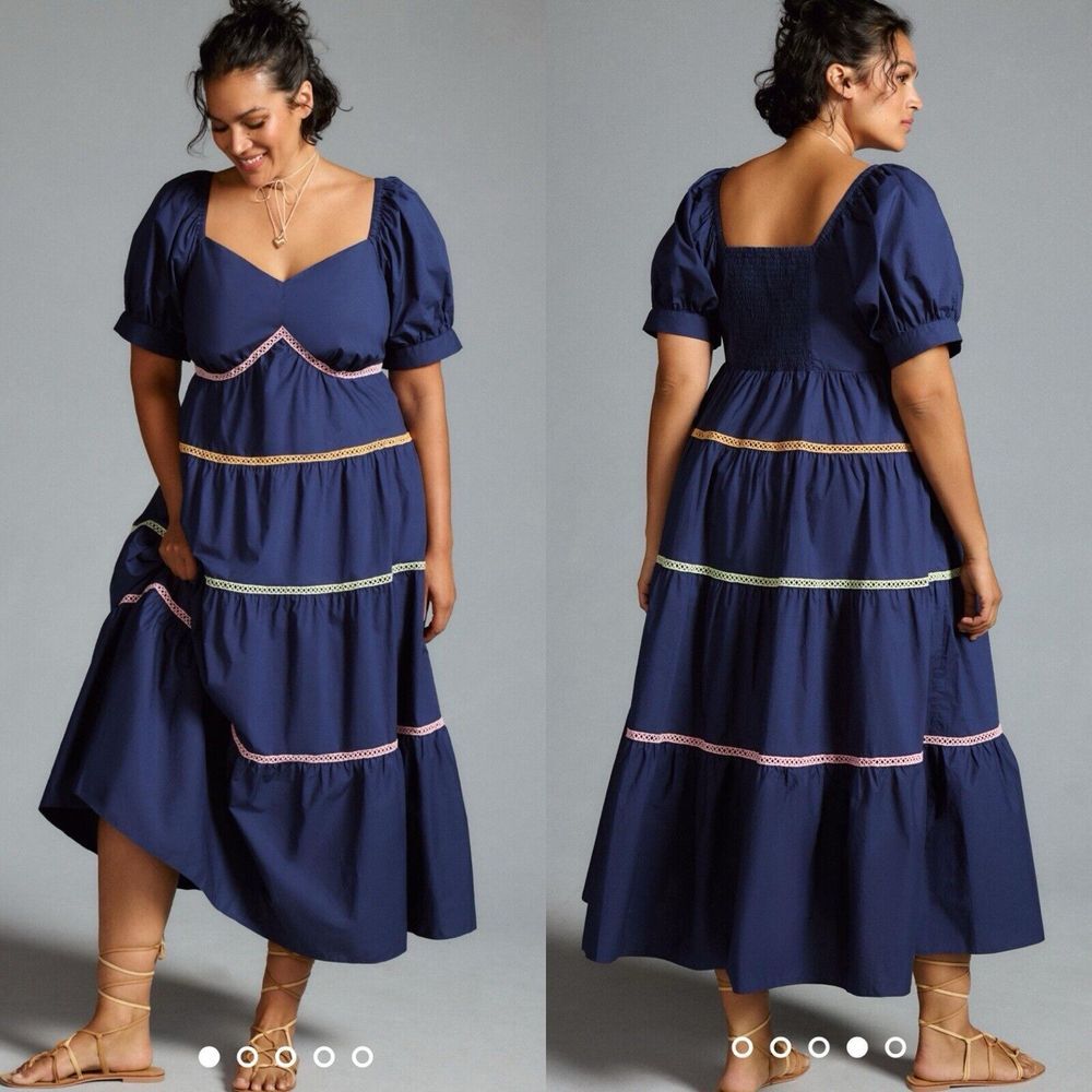 English Factory Navy Blue Midi Dress with Pink & Yellow Trim
